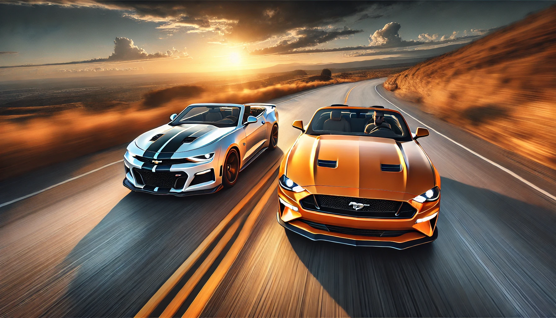Zwei Muscle Cars auf der Straße bei Sonnenuntergang